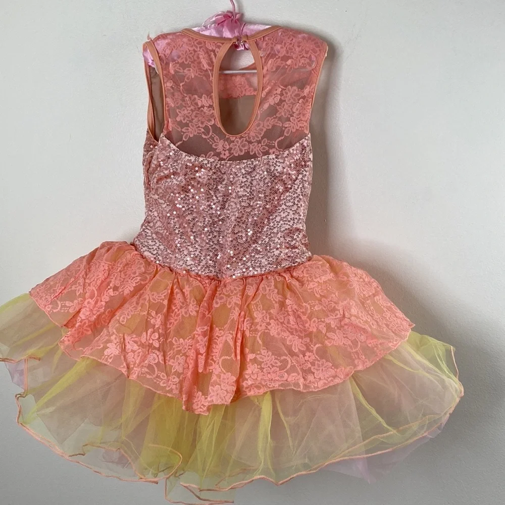 NWT Girls Sequin Lace Ballet Tutu Dress With Floral Accent Sherbet Size MC 10/12